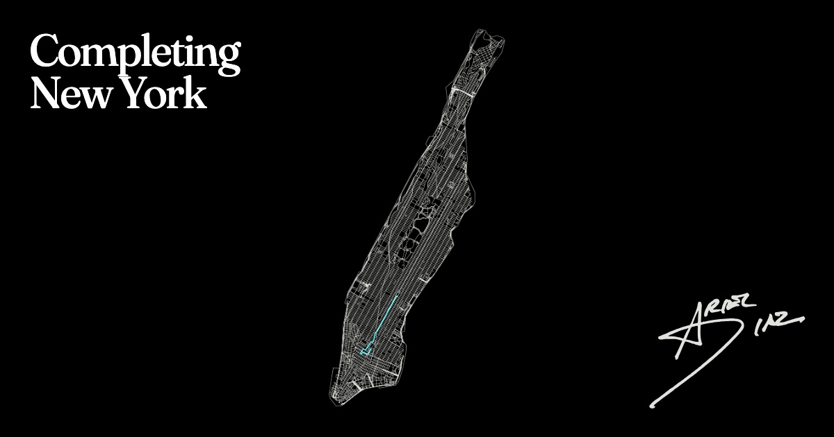 A map of Manhattan traced with completed streets and paths