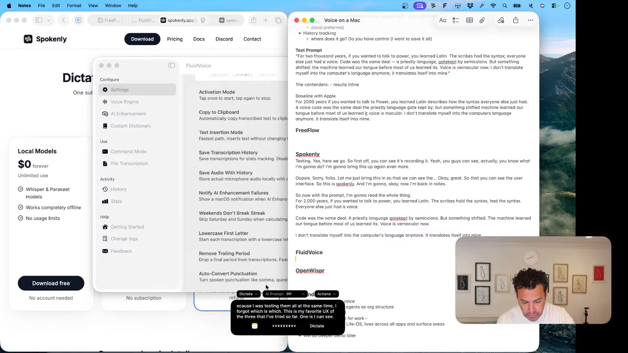 Fluid Voice displaying live dictation controls over Apple Notes