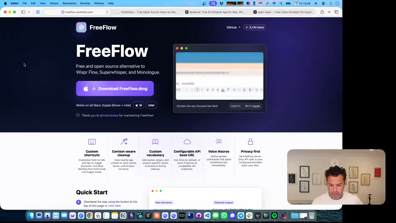 FreeFlow open beside the shared dictation test notes