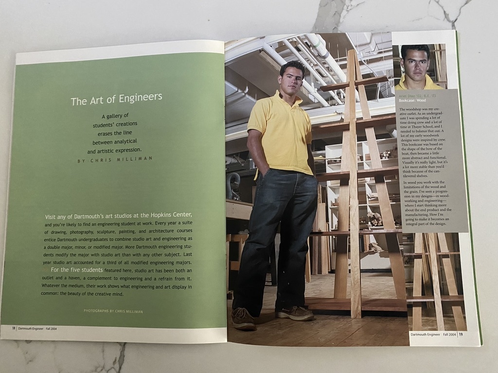 A magazine spread titled The Art of Engineers, with a photo of Ariel standing beside the bookcase in a woodshop